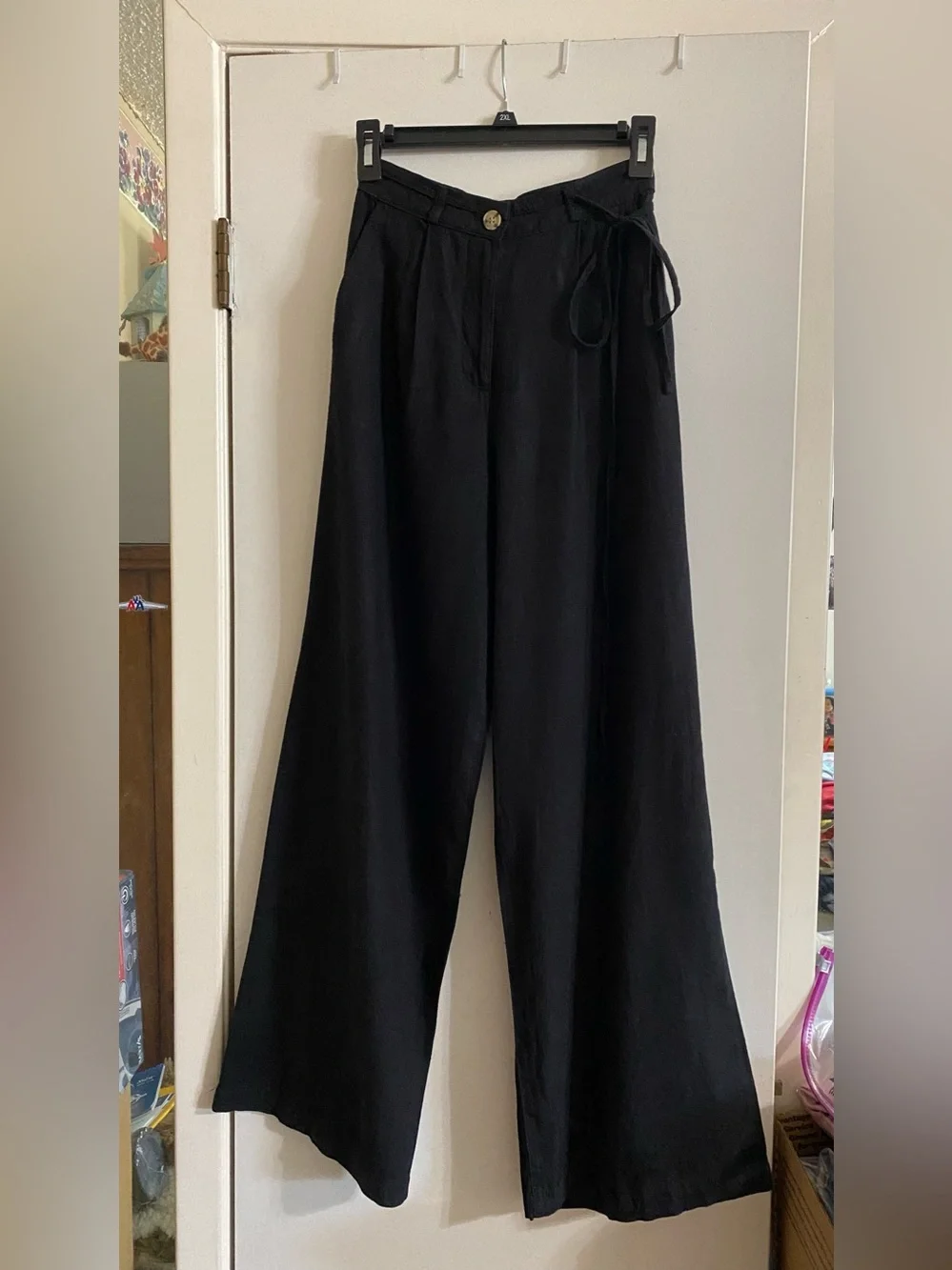 H&M Black linen Wide-Leg High-Waist Pants with Tie